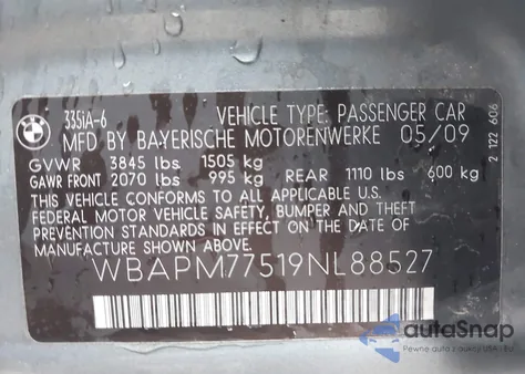 2009 BMW 335I z USA, uszkodzony, nr VIN WBAPM77519NL88527